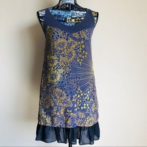 Free People Dress Silk Cotton Mini Navy Tan Purple